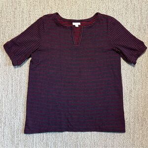 J. Jill Navy and Red Striped Jacquard Split Neck Top Slight Puff Sleeve Size M